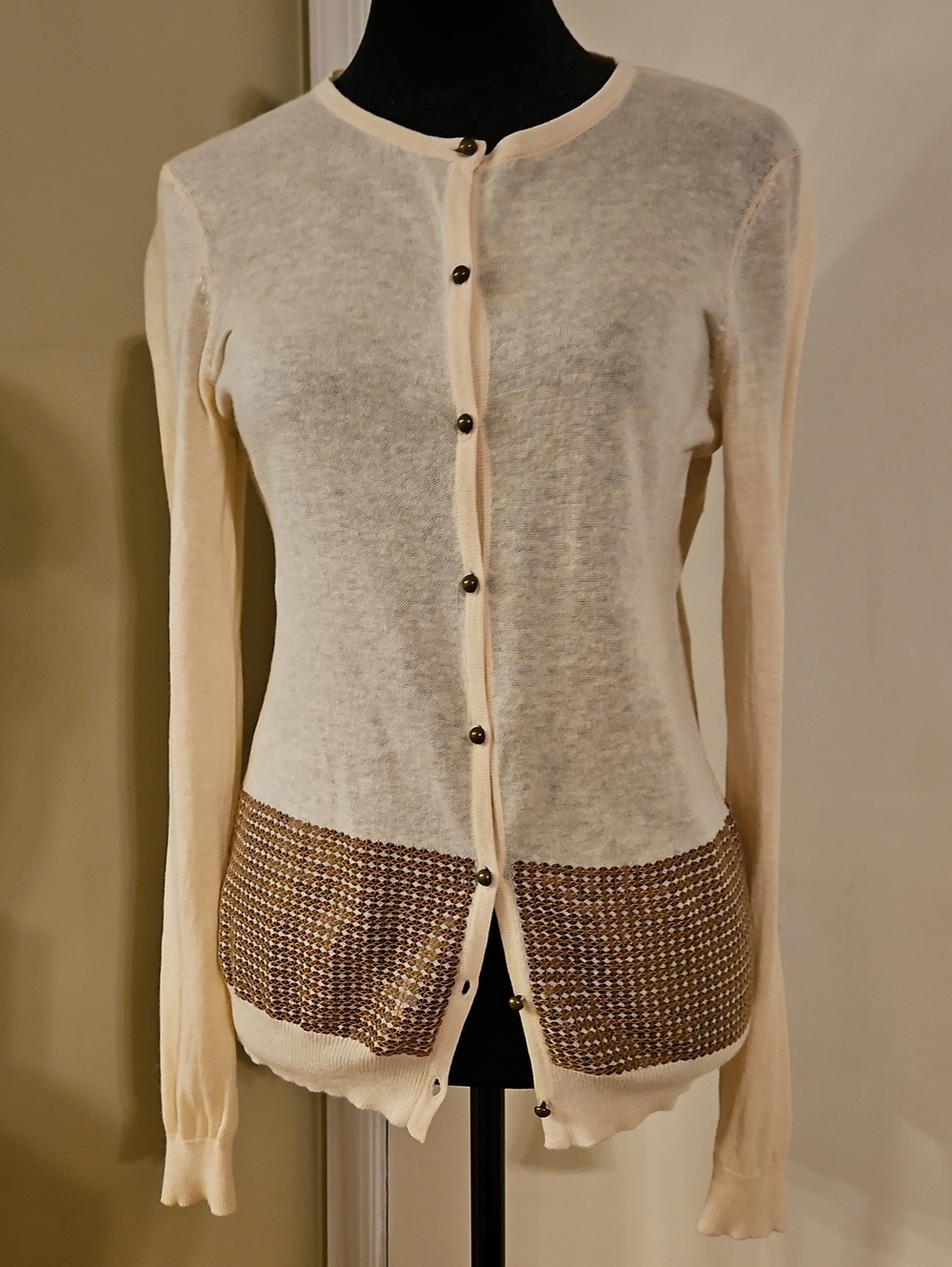 NWOT Loft Beige Linen Cotton Cardigan Sweater Metallic Gold Patterned Hem SP